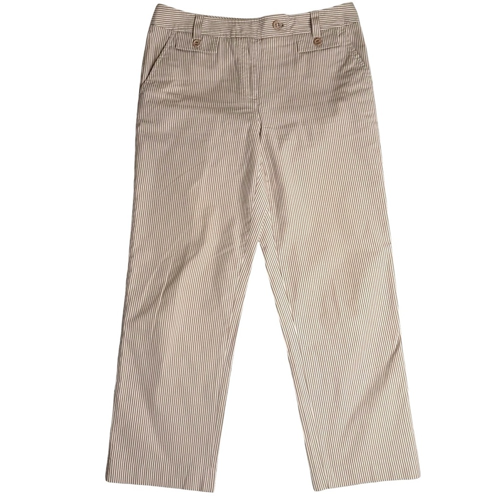 Talbots Tan Pinstripe Stretch Trousers - Front Button Flap Pockets - Size 10